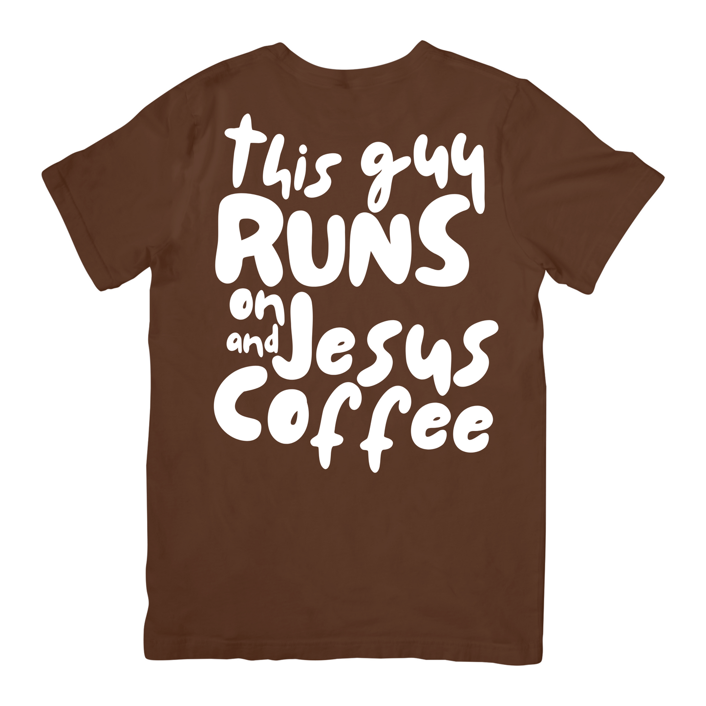 Rückseite eines T-Shirts mit Statement-Print in Bubble-Schrift – Coffee & Jesus Design für Männer