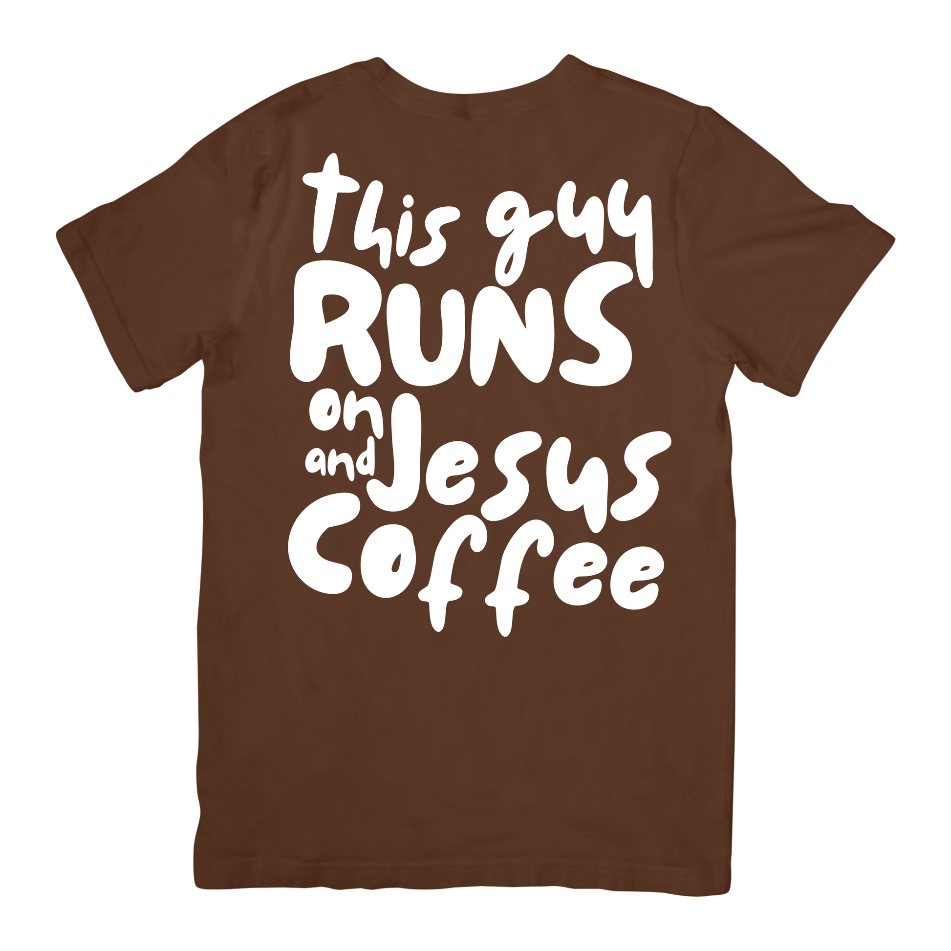 Rückseite eines T-Shirts mit Statement-Print in Bubble-Schrift – Coffee & Jesus Design für Männer
